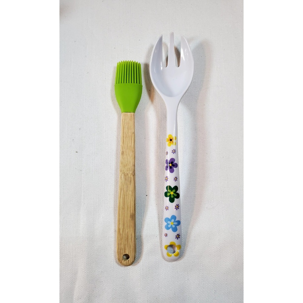 Kitchen Utensil Set Floral Salad Spoon Fork Silicone Basting Brush Bamboo